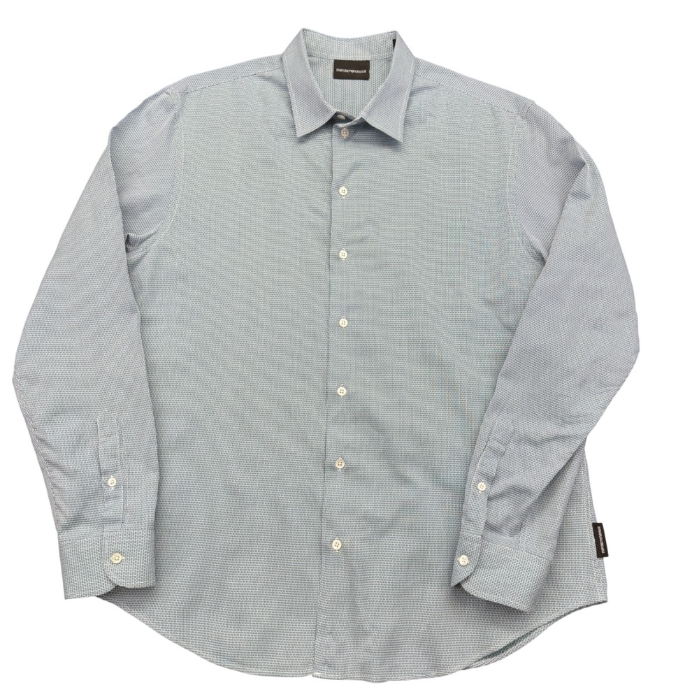 $295 Emporio Armani Button Down XL Blue Micro Check Long Sleeve Dress Shirt